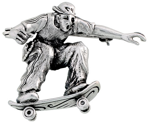Sterling Silver Skateboarder "Sidewalk Surfer" Brooch Pin, 1 1/8" (29 mm) tall