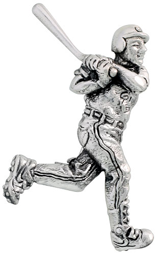 Sterling Silver Baseball Player "Batter" Brooch Pin, 1 7/16" (37 mm) tall