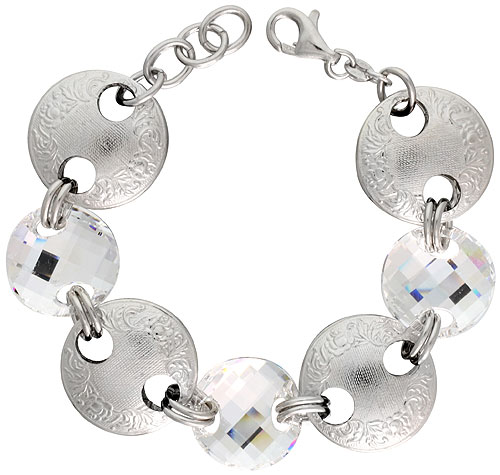 Sterling Silver Large Floral Round Link Bracelet w/ White Quartz Crystal Discs, 7 in.