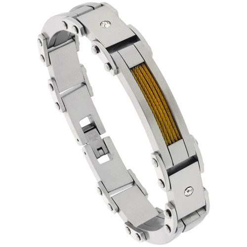 Stainless Steel Cable Bracelet For Men Gold Finish Crystals Accents, 8 1/2 inch