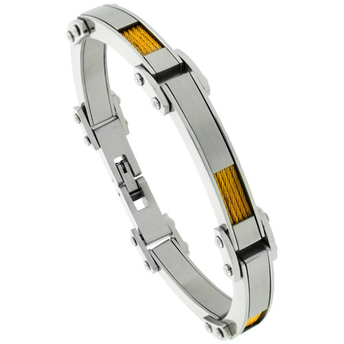 Stainless Steel Cable Bracelet For Men Gold Finish 1/4 inch wide, 8 1/2 inch