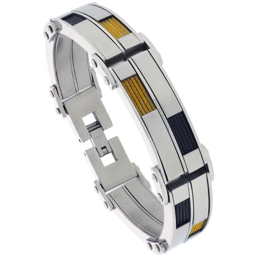 Stainless Steel Cable Bracelet For Men Two-tone Black & Gold Finish, 8 1/2 inch