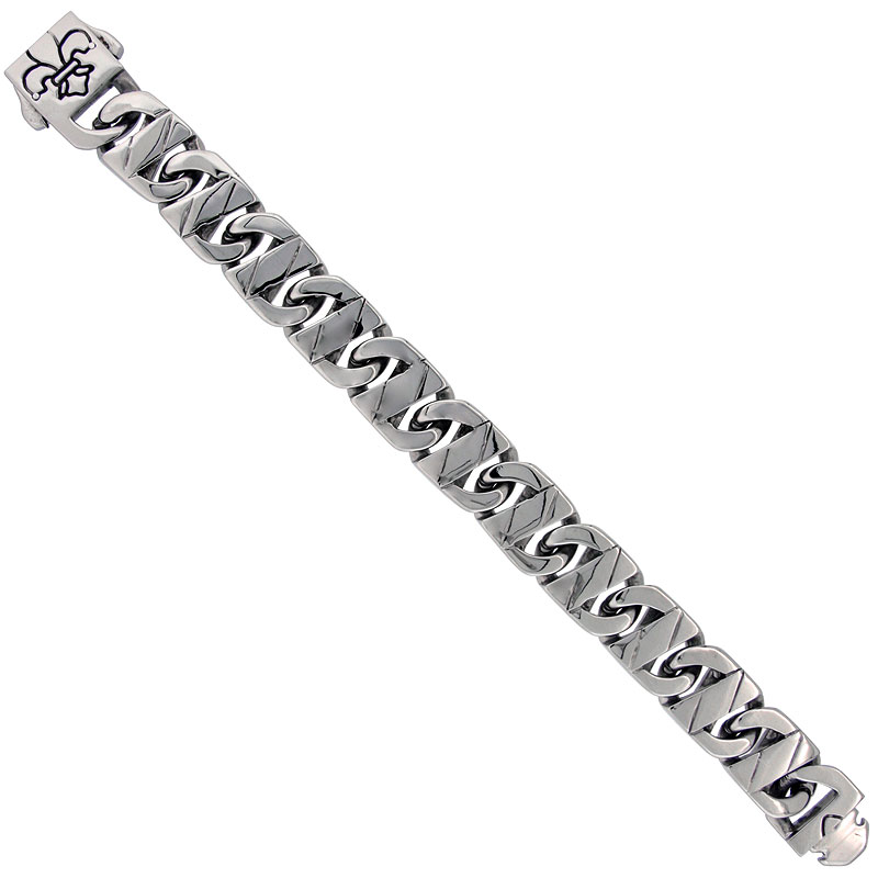Stainless Steel Anchor Link Bracelet For Men Fleur de Lis Clasp Hefty Hand Made High polish 5/8 inch wide, size 8 inch