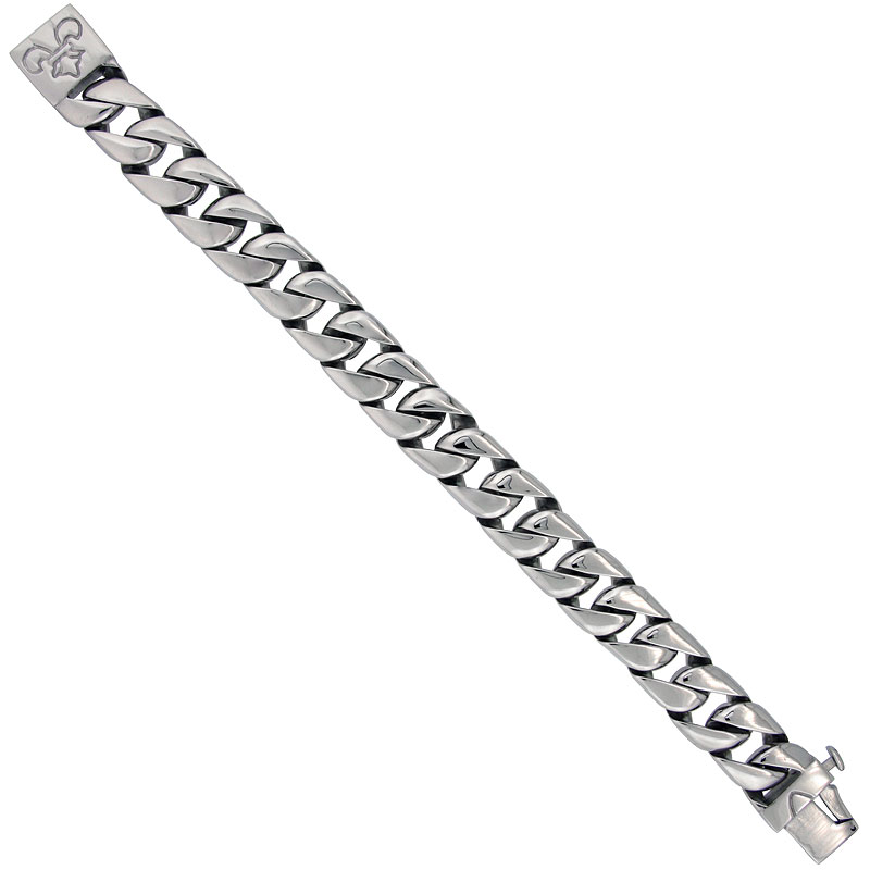 Stainless Steel Cuban Link Bracelet For Men Fleur de Lis Clasp Hefty Hand Made High polish 5/8 inch wide, size 8.5 inch