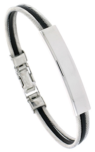 Stainless Steel Cable ID Bracelet For Men Black Rubber Accent 5/16 inch wide, 