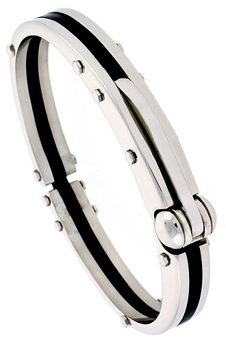 Stainless Steel Bangle Bracelet For Men Black Rubber Accent 3/8 inch wide, 8 inch long