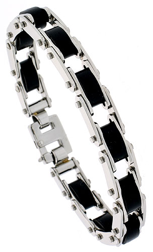 Stainless Steel Bracelet For Men Black Rubber Accent, 1/2 inch wide, 8 inch long