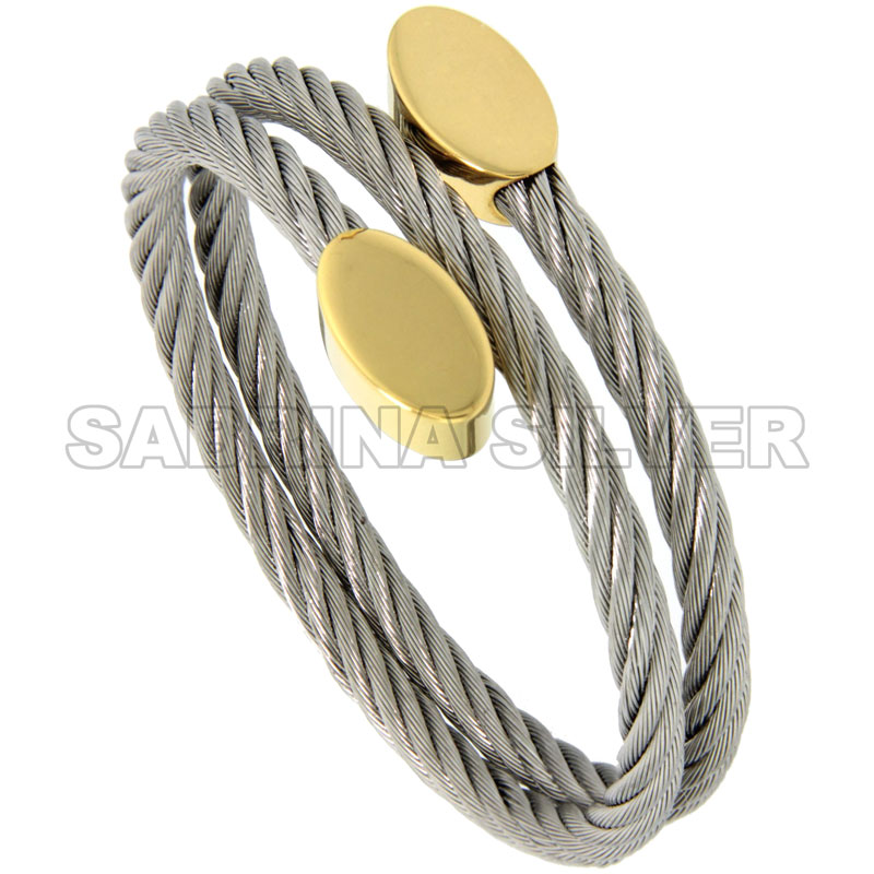 Stainless Steel Cable Golf Bracelet for Women Oval Gold-Tone Ends, 7 inch