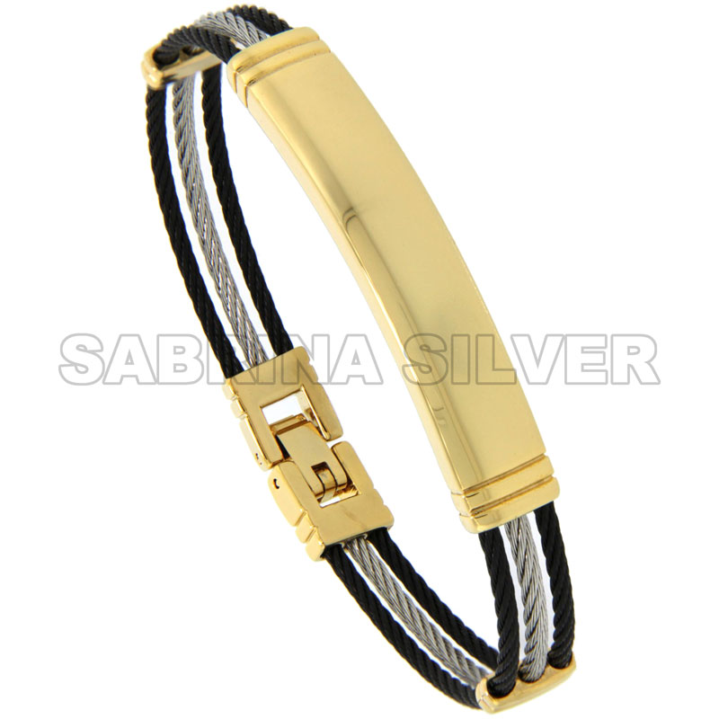 Stainless Steel Cable Bracelet for Women ID Plaque Black & Gold 2-tone, 7 inch