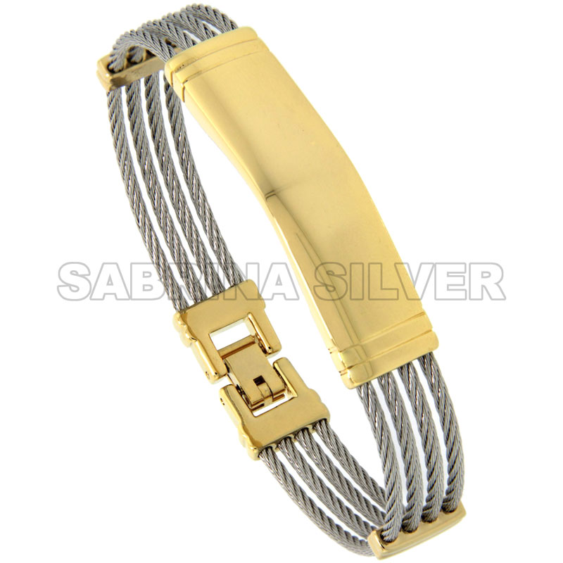 Stainless Steel Cable Bangle ID Bracelet For Women 2-Tone, 7 inch