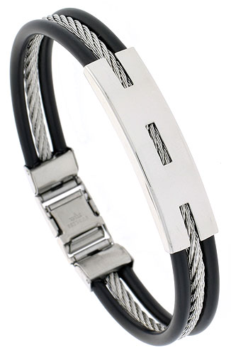 Stainless Steel Cable Bracelet For Men Black Rubber Accent inch wide, 8 inch long