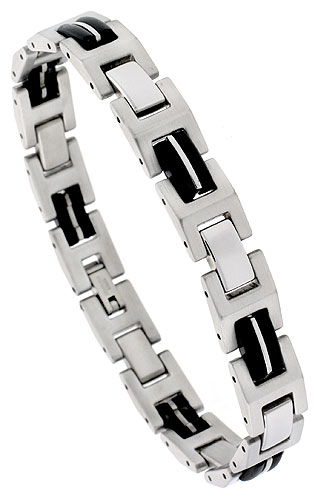 Stainless Steel Flat Link Bracelet For Men with Black Rubber, 8 inch long