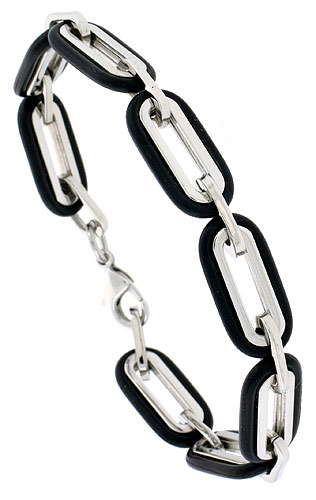 Stainless Steel Long Link Bracelet For Men Black Rubber Accent 3/8 inch wide, 8 inch long