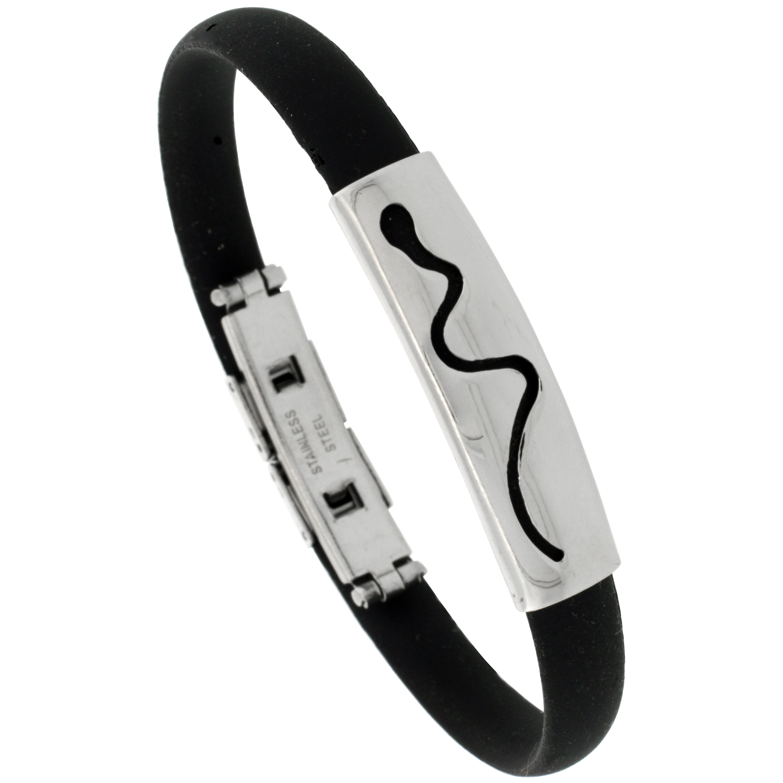 Stainless Steel Snake Bracelet For Men Black Rubber Accent, 3/8 inch wide, 8 inch long
