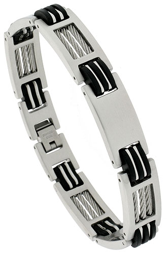 Stainless Steel Cable Bracelet For Men Black Rubber Accent, 1/2 inch wide, 8 1/2 inch long