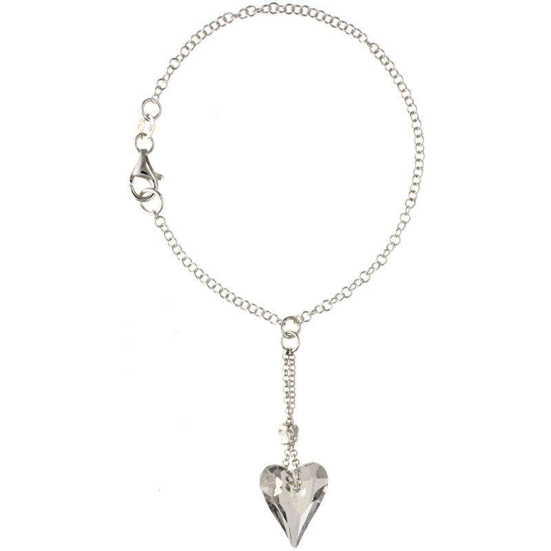 Sterling Silver Heart Charm Swarovski Crystal 7 in. Rolo Link Bracelet 9/16 in (15 mm) wide w/ drop