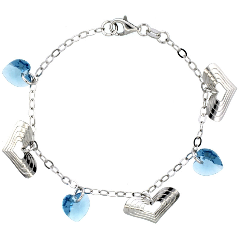 Sterling Silver Heart Blue Topaz Swarovski Crystals 7 in. Oval Link Charm Bracelet