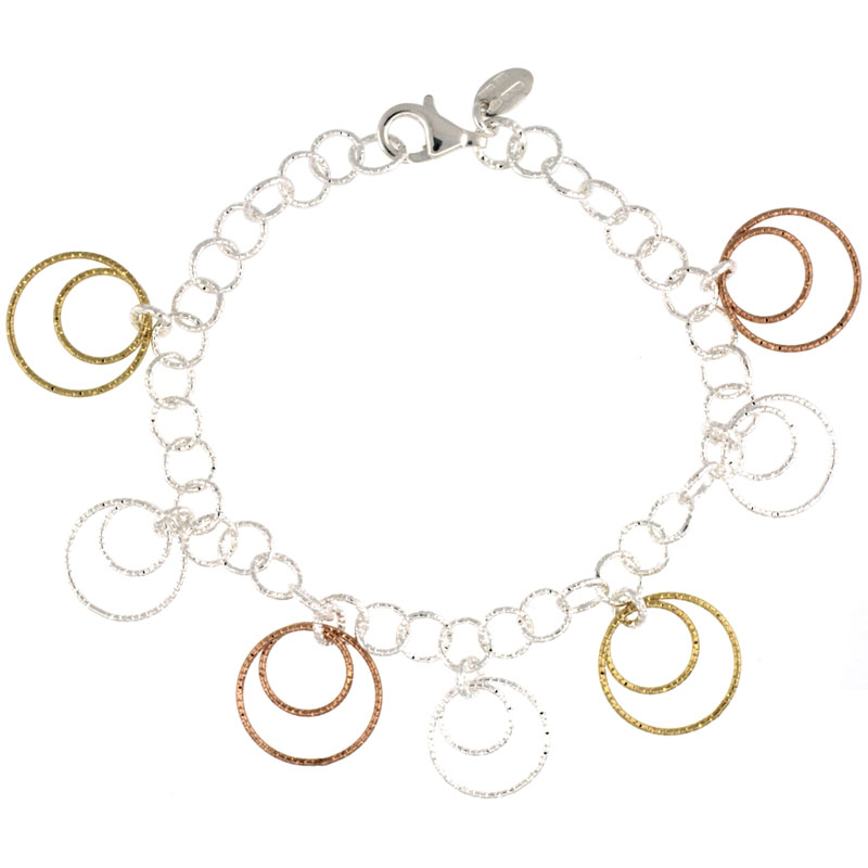 Sterling Silver Wire Hoop Circles Diamond Cut 8 in. Bracelet w/ White, Yellow & Rose Gold Finish, 7/8 in. (22 mm) wide