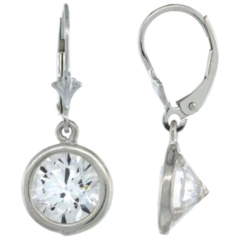 Sterling Silver 9mm Round CZ Lever Back Earrings 1 1/8 in. (29 mm) tall