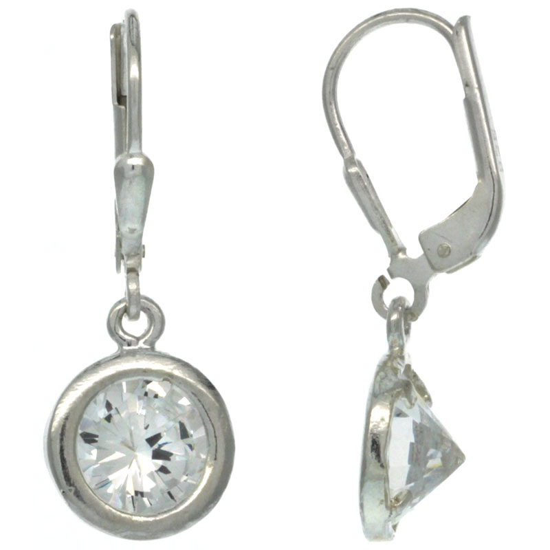 Sterling Silver 7mm Round CZ Lever Back Earrings 1 1/16 in. (27 mm) tall