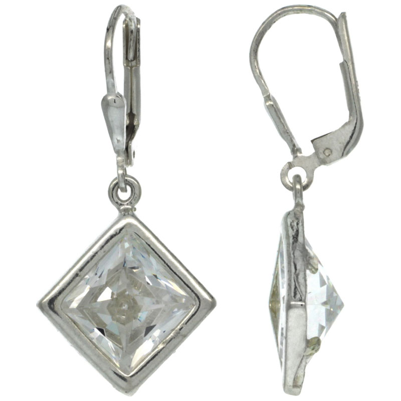 Sterling Silver 9mm Square CZ Lever Back Earrings 1 5/16 in. (33 mm) tall