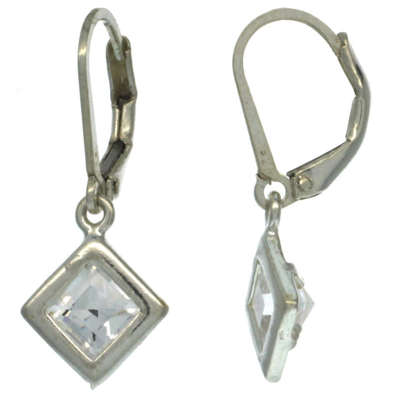 Sterling Silver 5mm Square CZ Lever Back Earrings 1 1/16 in. (27 mm) tall