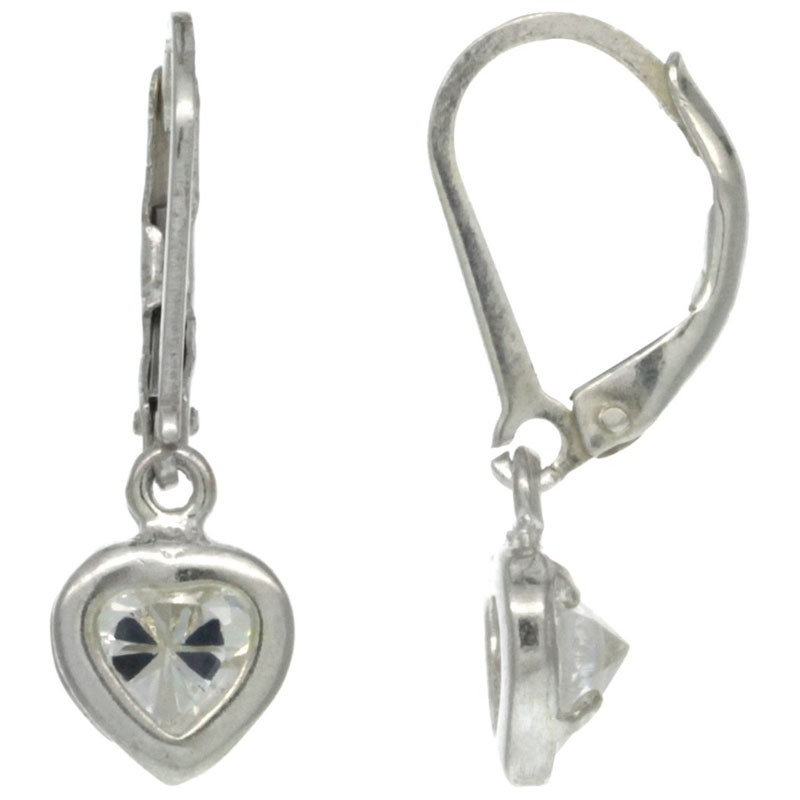 Sterling Silver 5mm Heart CZ Lever Back Earrings 15/16 in. (23.5 mm) tall