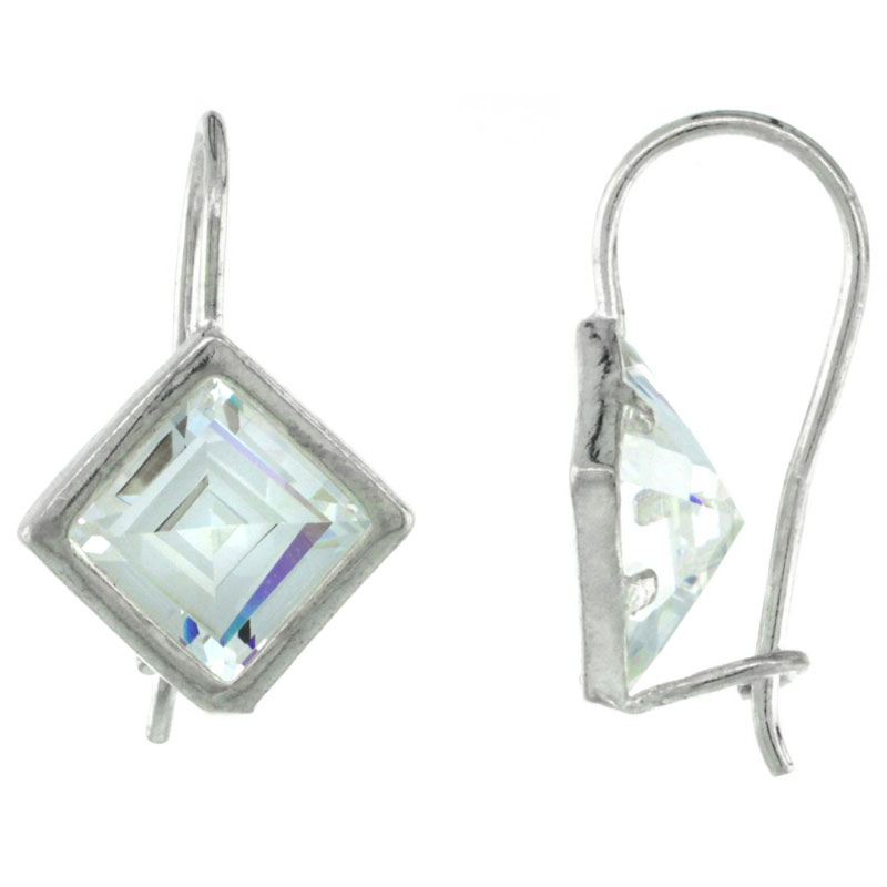 Sterling Silver 9mm Square CZ Hook Earrings 7/8 in. (23 mm) tall