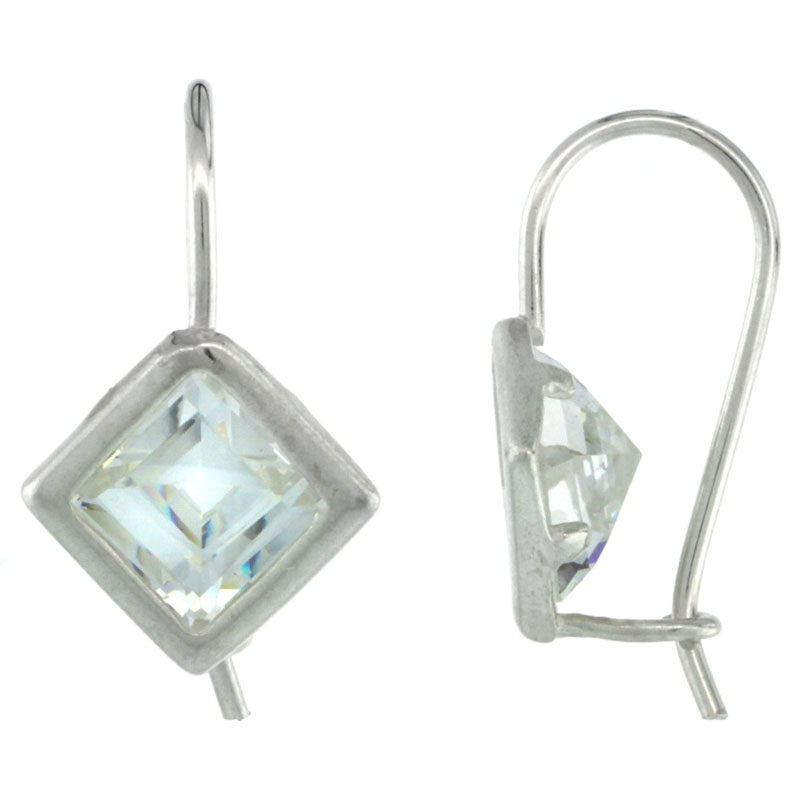 Sterling Silver 7mm Square CZ Hook Earrings 13/16 in. (21 mm) tall