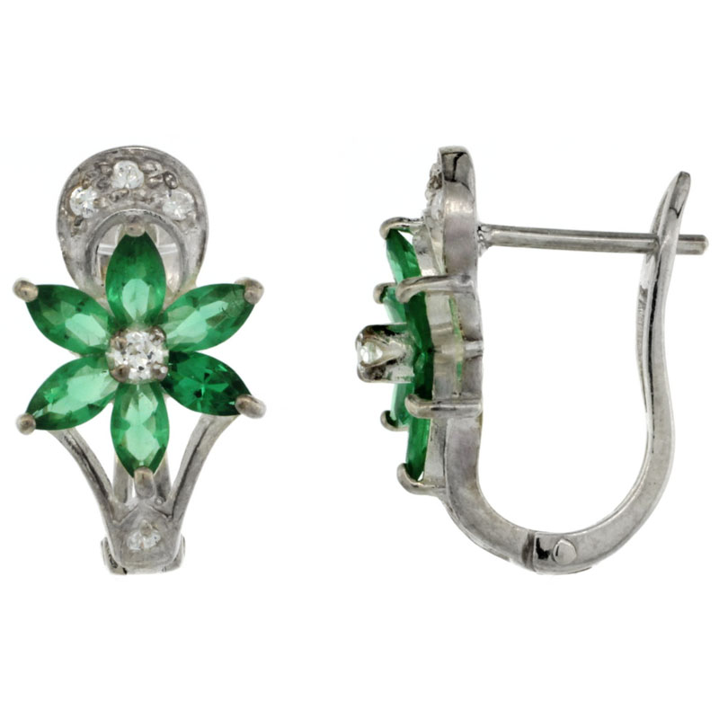 Sterling Silver Emerald CZ Flower Huggie Earrings 11/16 in. (18 mm) tall