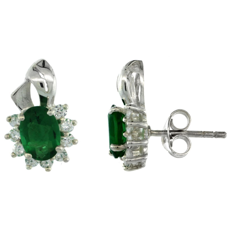 Sterling Silver Emerald CZ Cluster Earrings 9/16 in. (14 mm) tall