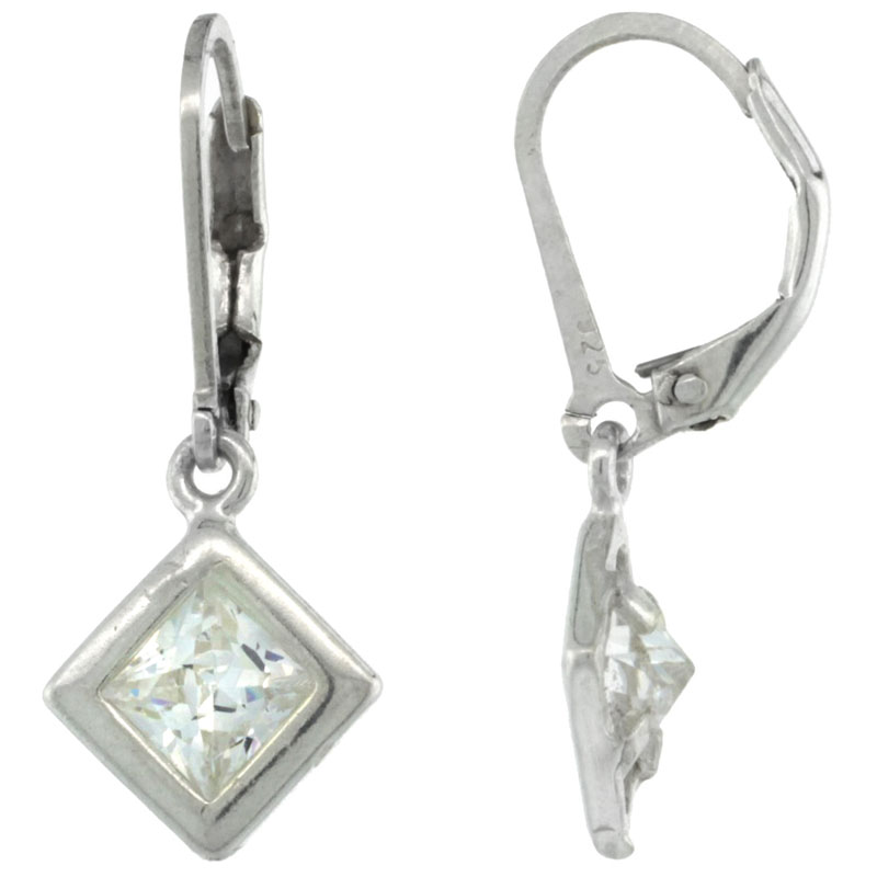Sterling Silver 6mm Square CZ Lever Back Earrings 1 1/16 in. (27 mm) tall