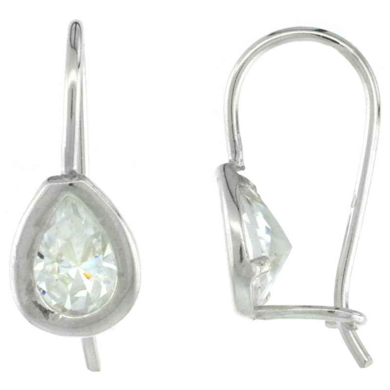 Sterling Silver 8x5mm Pear Shape CZ Teardrop Hook Earrings 3/4 in. (19 mm) tall