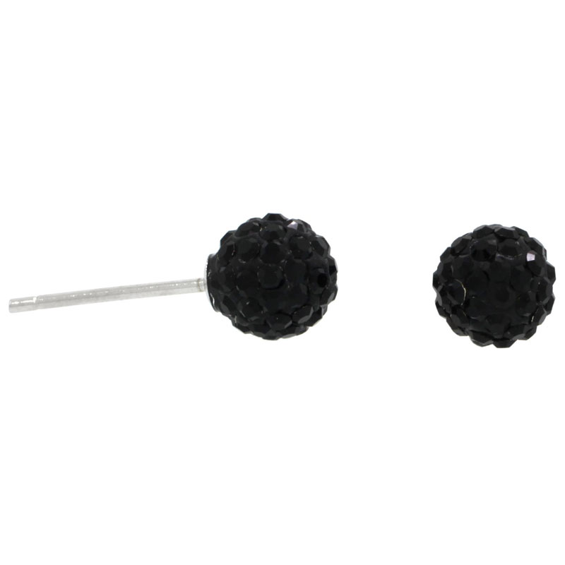 Sterling Silver 6mm Round Black Disco Crystal Ball Stud Earrings