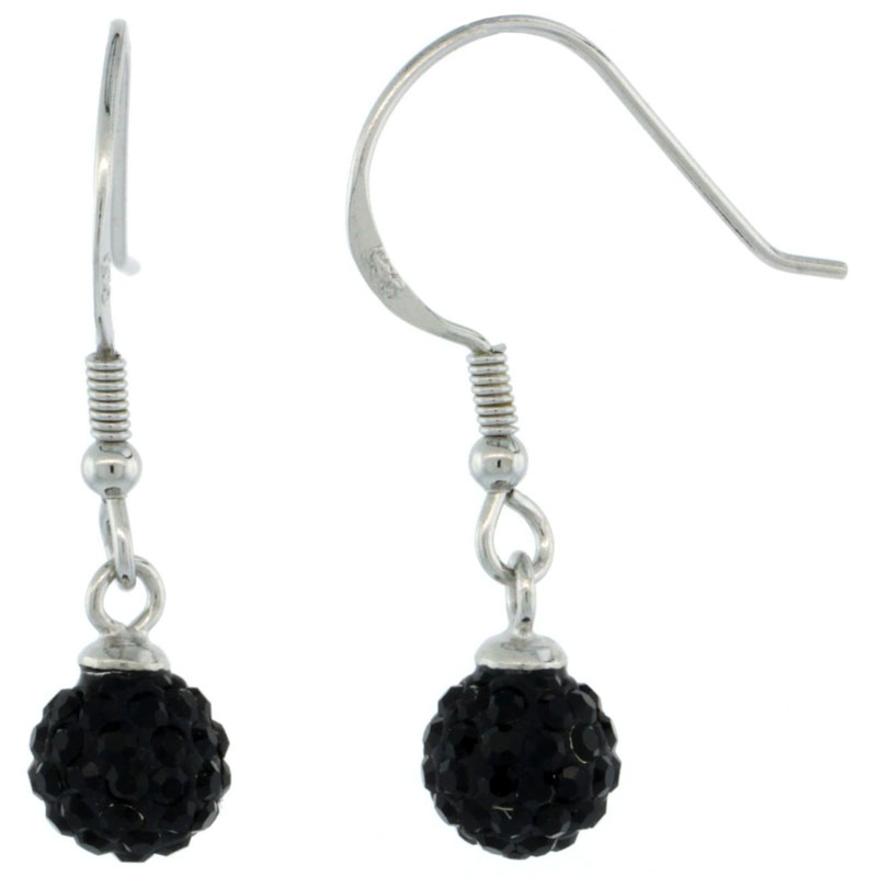 Sterling Silver 6mm Round Black Disco Crystal Ball Fish Hook Earrings, 1 1/16 in. (27 mm) tall