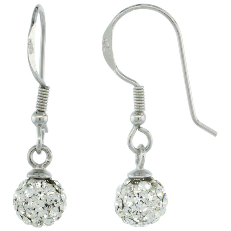 Sterling Silver 6mm Round White Disco Crystal Ball Fish Hook Earrings, 1 1/16 in. (27 mm) tall
