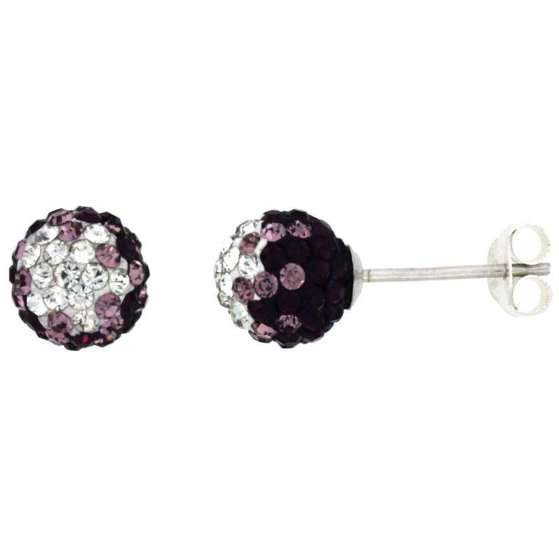 Sterling Silver Crystal Disco Ball Stud Earrings (8mm Round), Clear & Purple Color 