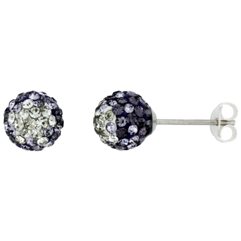 Sterling Silver Crystal Disco Ball Stud Earrings (8mm Round), Clear & Purple Color 