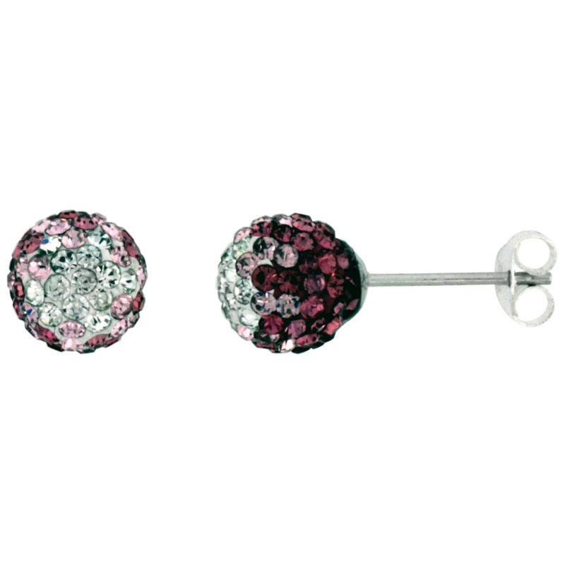 Sterling Silver Crystal Disco Ball Stud Earrings (8mm Round), Clear & Pink Color 