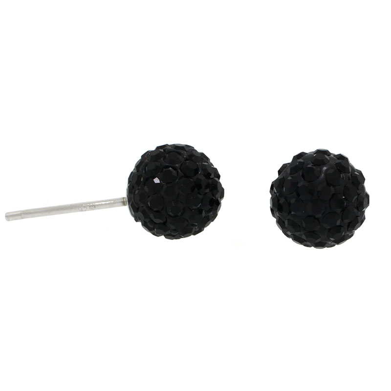 Sterling Silver 8mm Round Black Disco Crystal Ball Stud Earrings