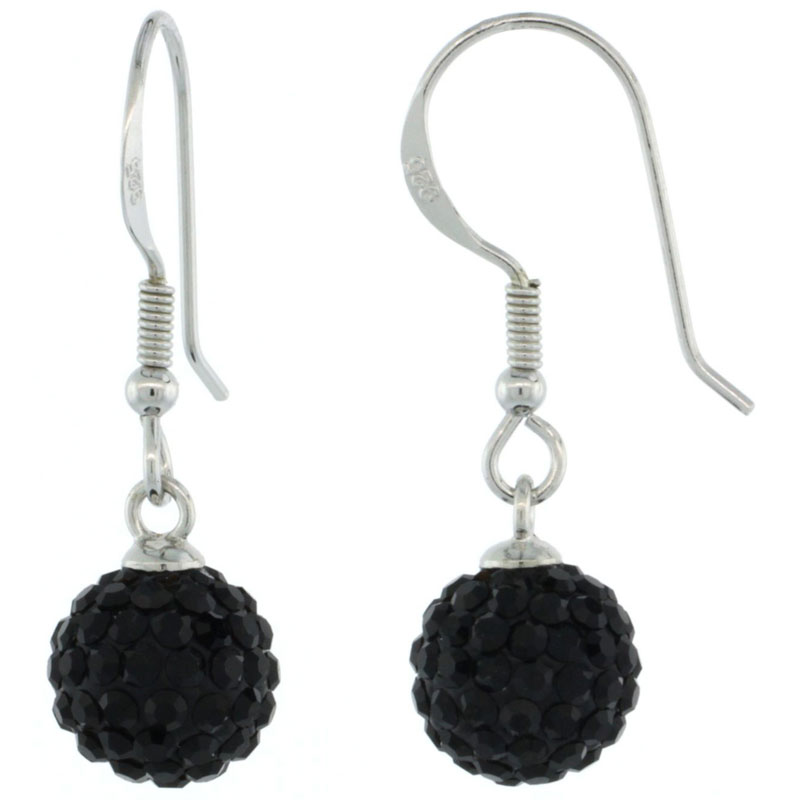 Sterling Silver 8mm Round Black Disco Crystal Ball Fish Hook Earrings, 1 1/4 in. (31 mm) tall, 1 1/16 in. (27 mm) tall