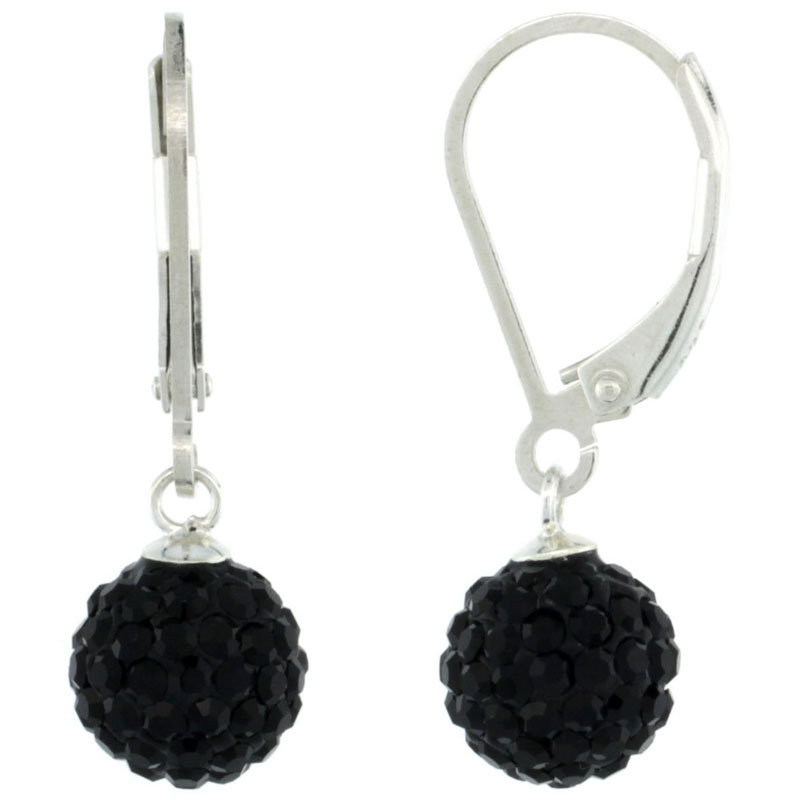 Sterling Silver 8mm Round Black Disco Crystal Ball Lever Back Earrings, 1 in. (25 mm) tall