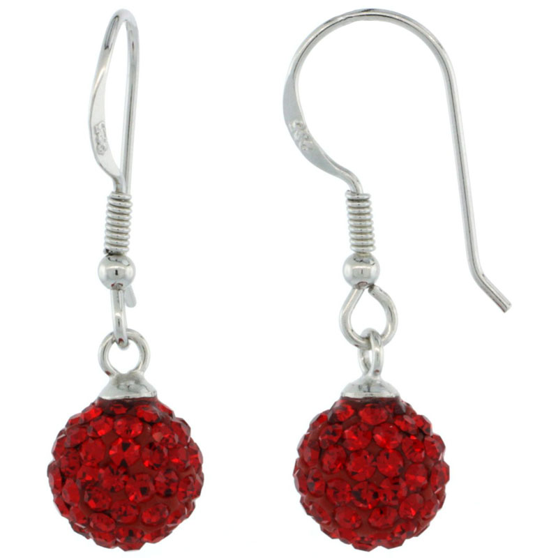 Sterling Silver 8mm Round Red Disco Crystal Ball Fish Hook Earrings, 1 1/4 in. (31 mm) tall, 1 1/16 in. (27 mm) tall