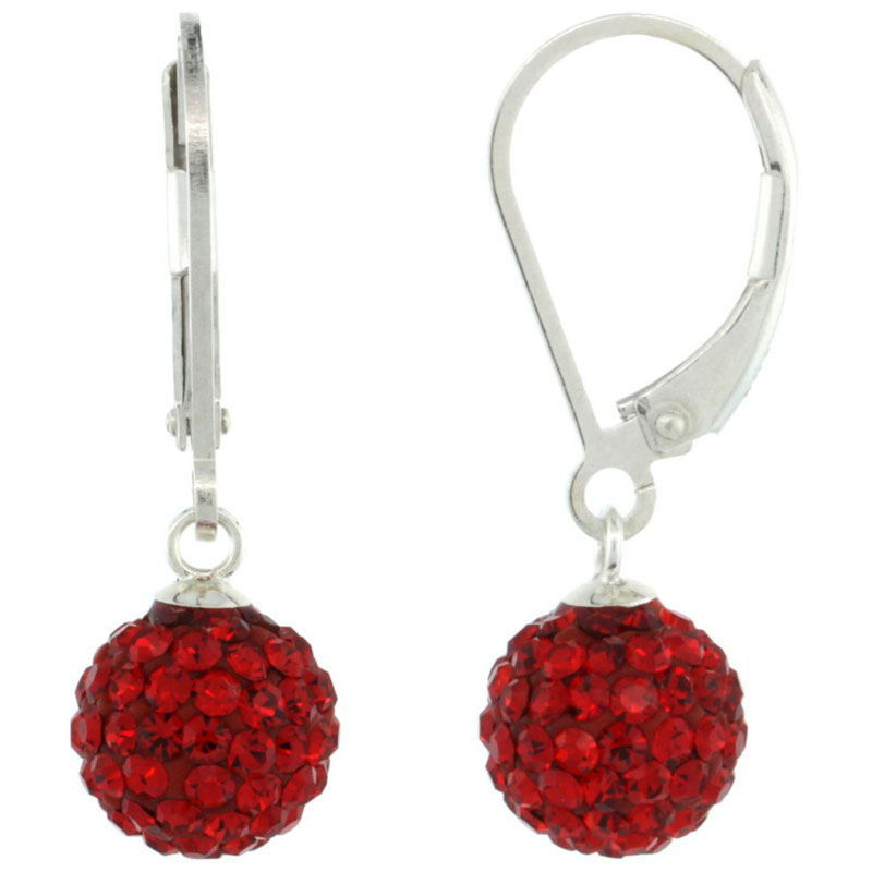 Sterling Silver 8mm Round Red Disco Crystal Ball Lever Back Earrings, 1 in. (25 mm) tall