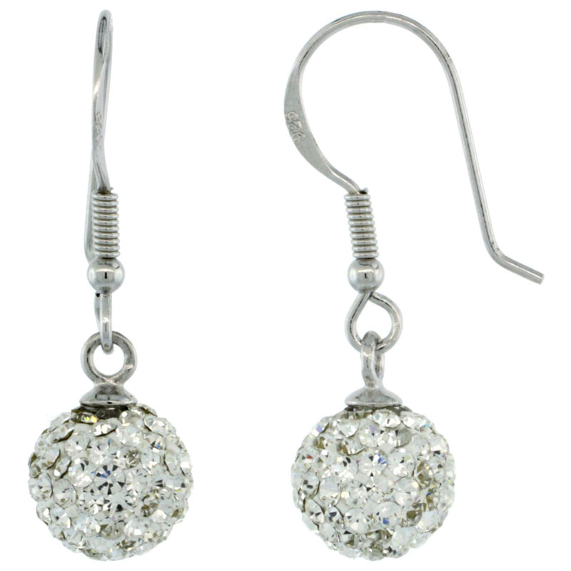 Sterling Silver 8mm Round White Disco Crystal Ball Fish Hook Earrings, 1 1/4 in. (31 mm) tall, 1 1/16 in. (27 mm) tall