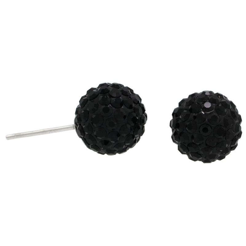 Sterling Silver 10mm Round Black Disco Crystal Ball Stud Earrings