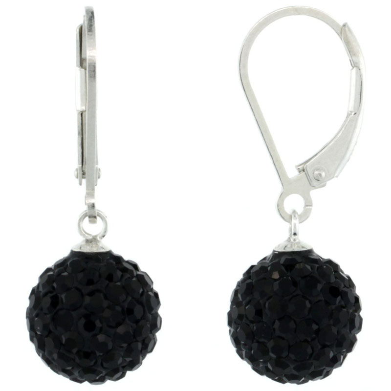 Sterling Silver 10mm Round Black Disco Crystal Ball Lever Back Earrings, 1 1/8 in. (28 mm) tall