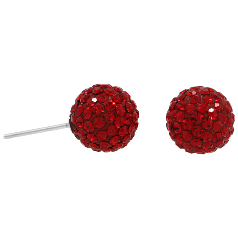 Sterling Silver 10mm Round Red Disco Crystal Ball Stud Earrings
