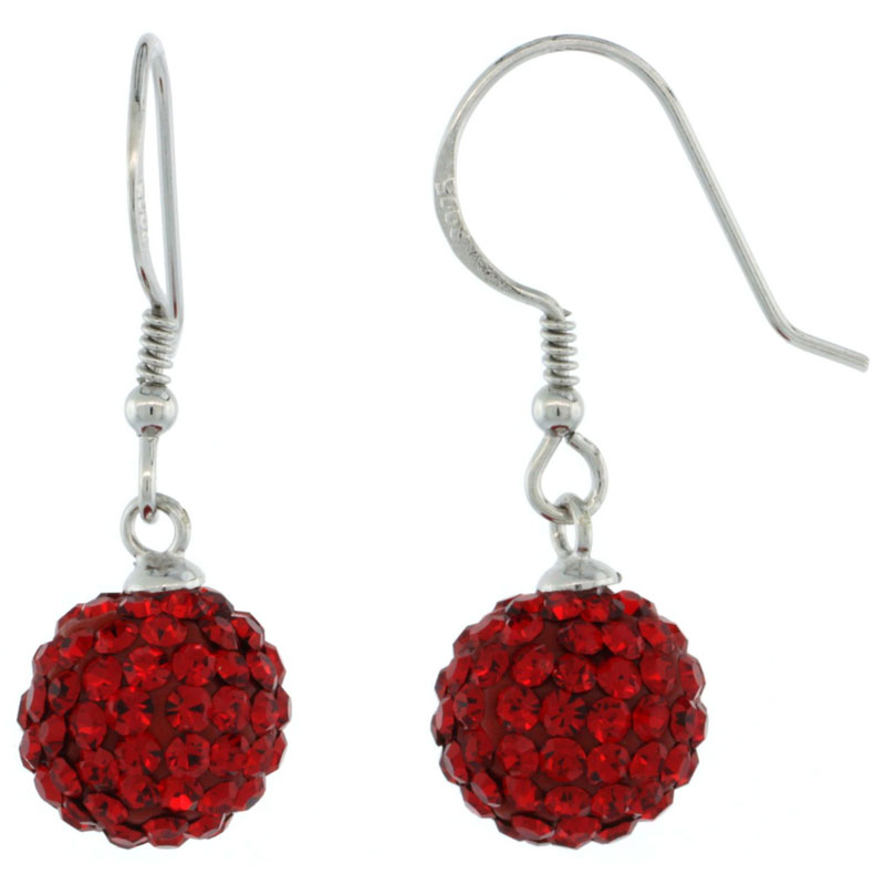 Sterling Silver 10mm Round Red Disco Crystal Ball Fish Hook Earrings, 1 1/4 in. (31 mm) tall