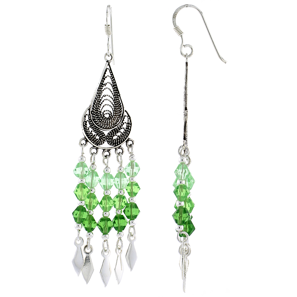Sterling Silver Teardrop Dangle Chandelier Earrings w/ Peridot-colored Green Crystals, 2 1/4" (58 mm) tall